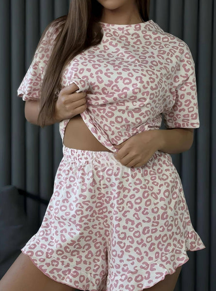 Leopard Print Pajama Set Ruffle Trim Shorts Loungewear