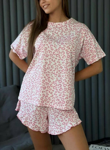 Leopard Print Pajama Set Ruffle Trim Shorts Loungewear